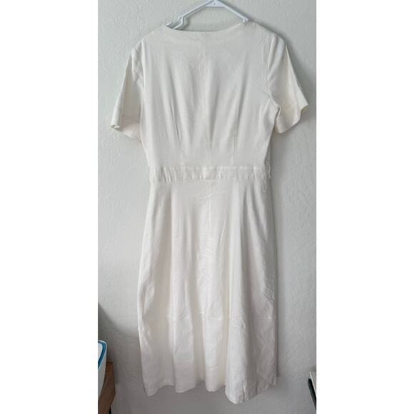 Cremieux White Button Down Short Sleeve Waist Tie Midi Linen Dress Size 6 - Picture 2 of 6